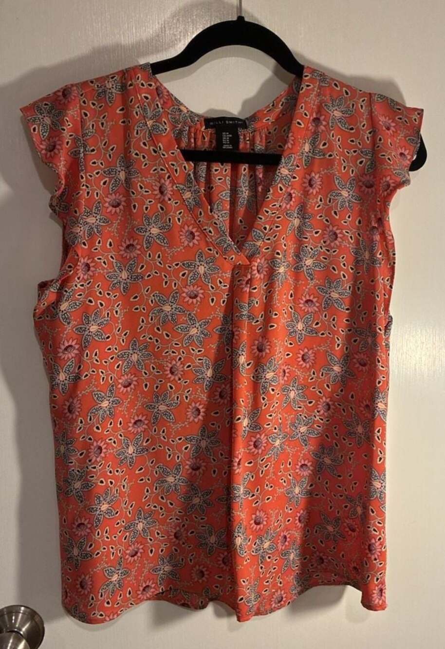 Willi Smith Women's Coral Floral Print V-Neck Ruffle Cap Sleeve Blouse Size M